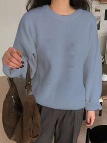 DAZY Ribbed Knit Drop Shoulder Jumper - Dusty Blue - View 5