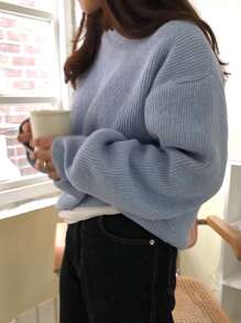 DAZY Ribbed Knit Drop Shoulder Jumper - Dusty Blue - View 7