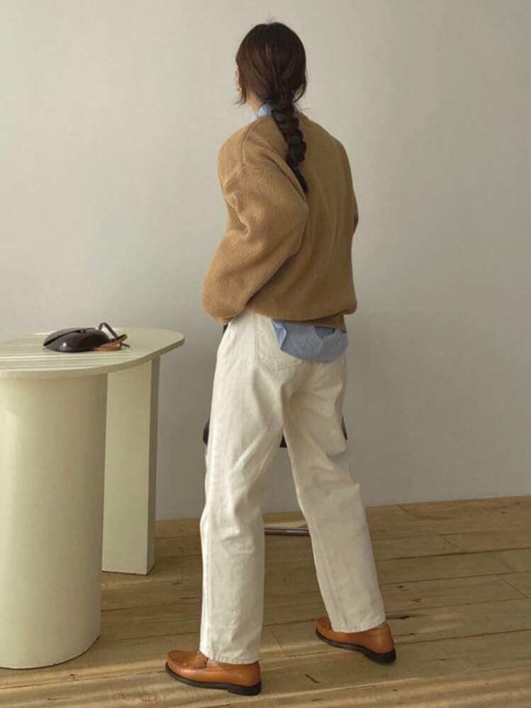 DAZY สเวตเตอร์ ผ้าถักริบ ไหล่ตก - สีกากี - ดู 2