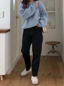 DAZY Ribbed Knit Drop Shoulder Jumper - Dusty Blue - View 9