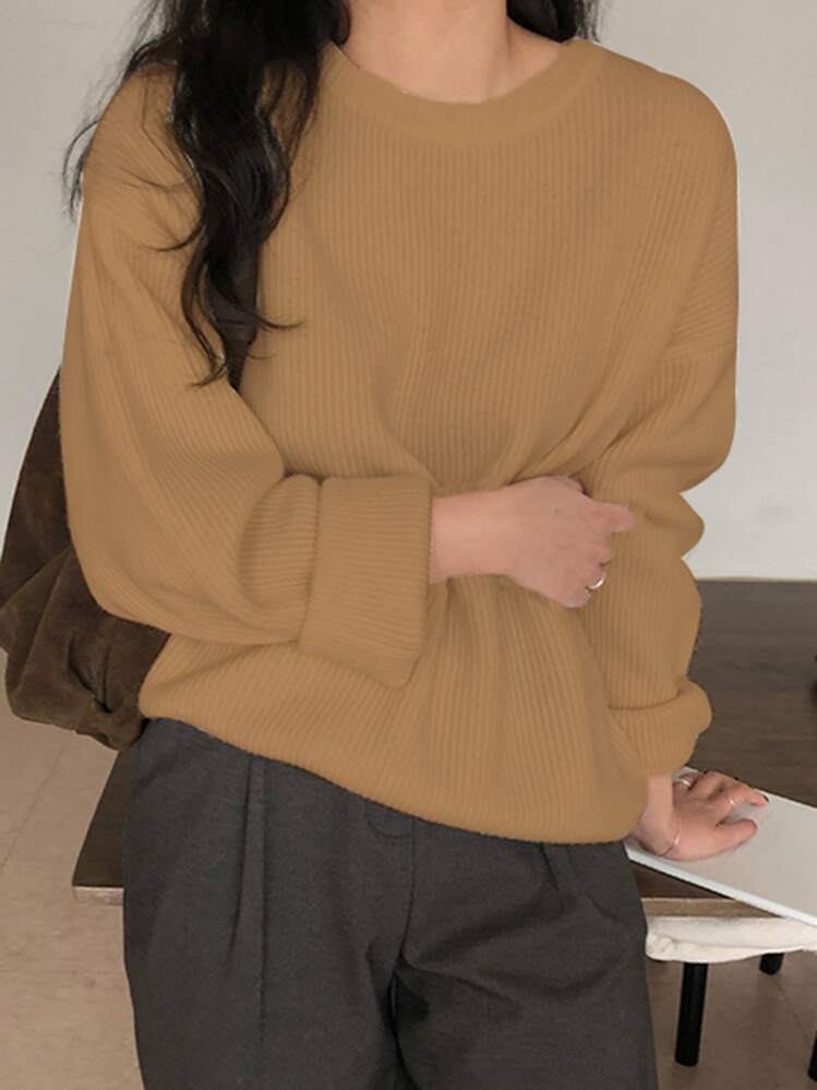 DAZY สเวตเตอร์ ผ้าถักริบ ไหล่ตก - สีกากี - ดู 3