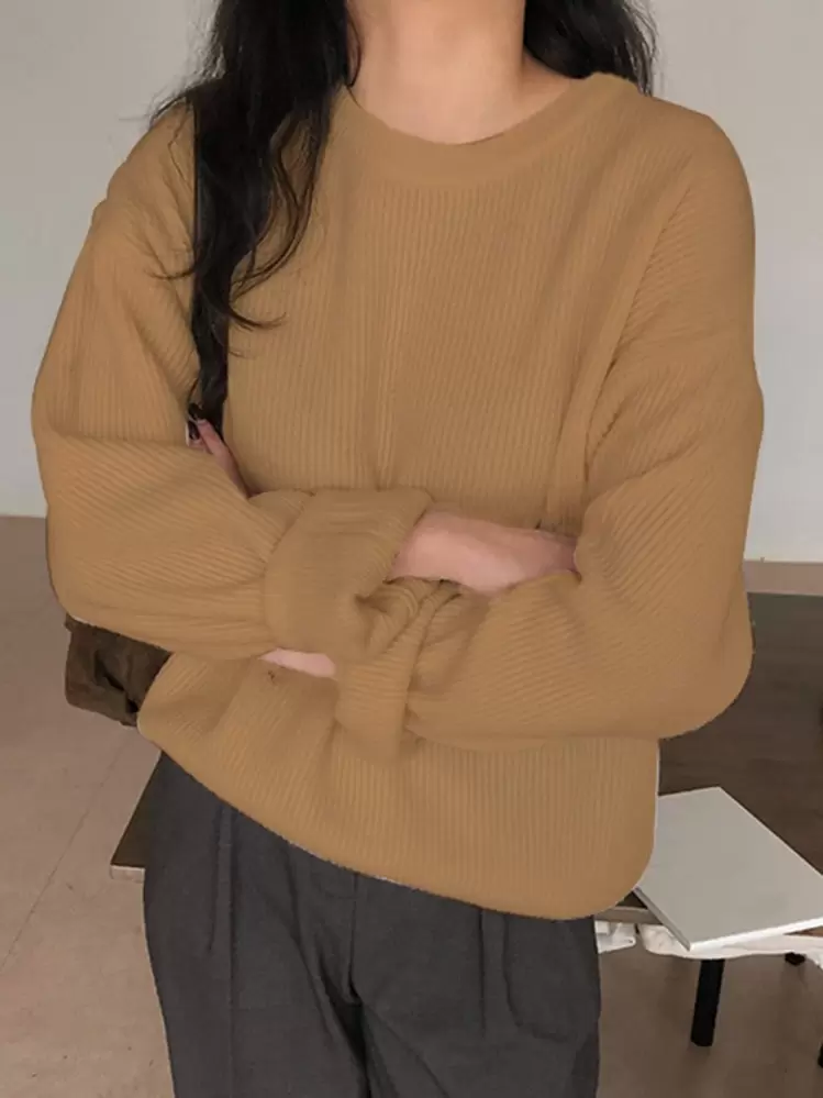 DAZY สเวตเตอร์ ผ้าถักริบ ไหล่ตก - สีกากี - ดู 4