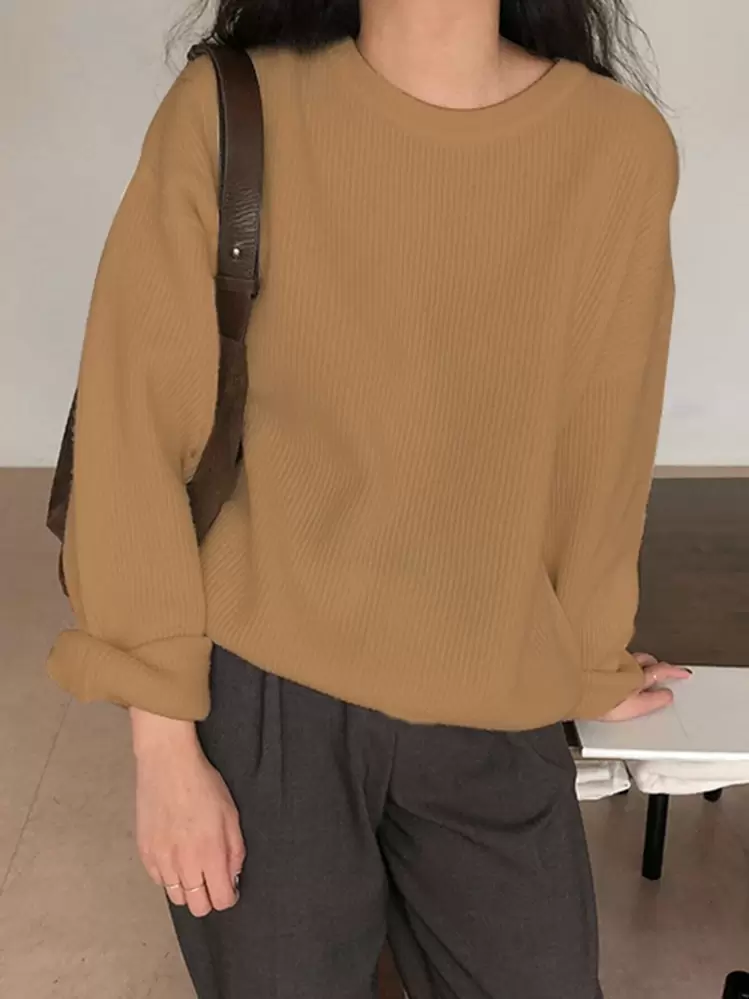 DAZY สเวตเตอร์ ผ้าถักริบ ไหล่ตก - สีกากี - ดู 5