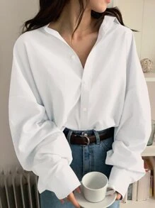 DAZY Solid Button Up Drop Shoulder Oversized Shirt - White - View 1