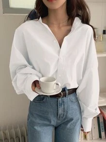 DAZY Solid Button Up Drop Shoulder Oversized Shirt - White - View 2