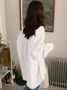 DAZY Solid Button Up Drop Shoulder Oversized Shirt - White - View 4