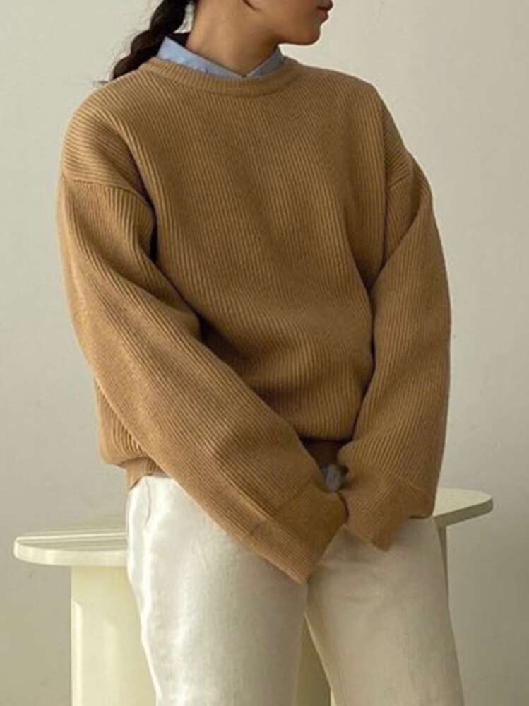 DAZY สเวตเตอร์ ผ้าถักริบ ไหล่ตก - สีกากี - ดู 9