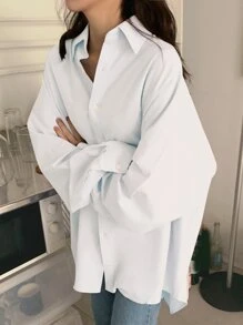 DAZY Solid Button Up Drop Shoulder Oversized Shirt - White - View 5