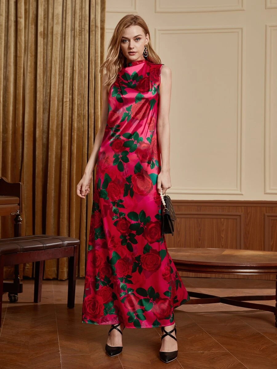 TAII Bangkok Floral Print Satin Dress - Red - View 1