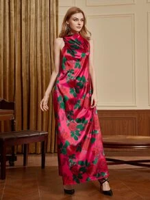 TAII Bangkok Floral Print Satin Dress - Red - View 3