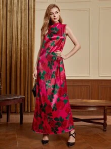 TAII Bangkok Floral Print Satin Dress - Red - View 6