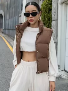 DAZY 拉链按扣加厚背心口袋外套，冬季女式加厚外套夹克 - 咖啡棕 - 查看 5