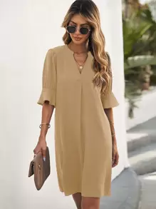 SHEIN LUNE 西裝領荷葉袖直筒連衣裙