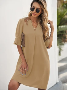 SHEIN LUNE 西裝領荷葉袖直筒連衣裙