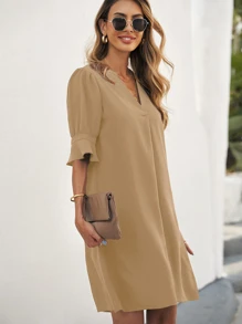 SHEIN LUNE 西裝領荷葉袖直筒連衣裙