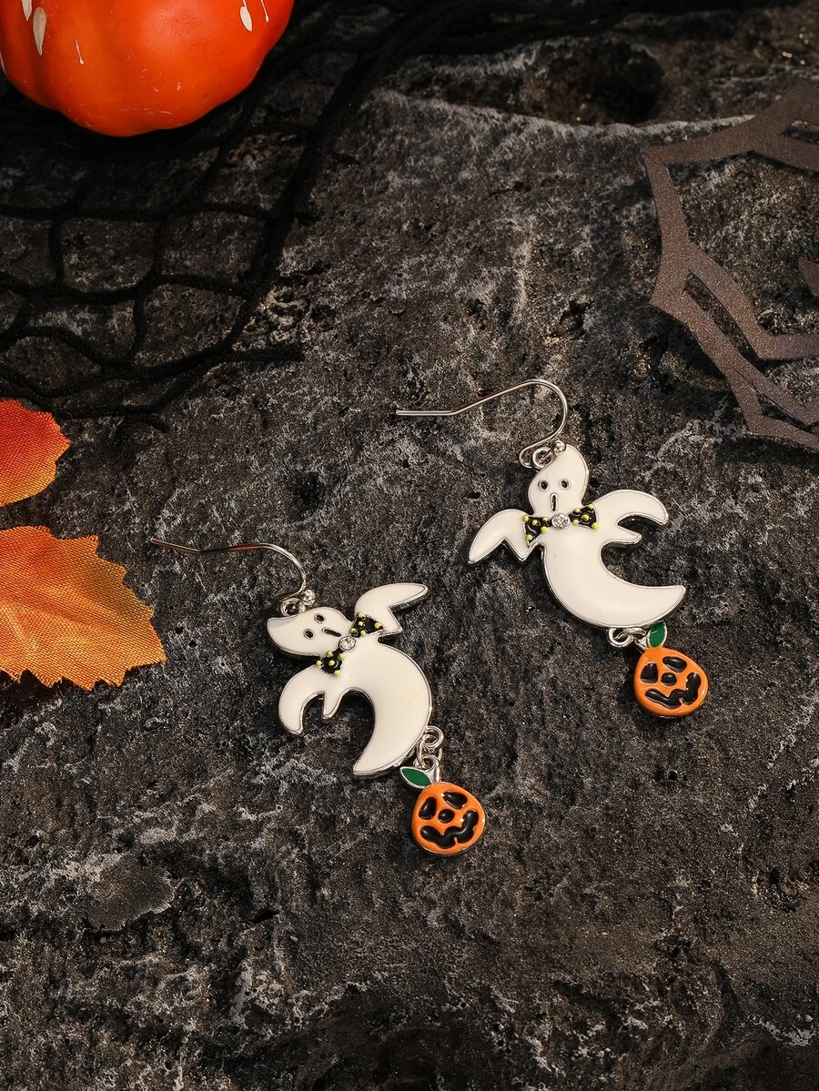 Halloween Ghost & Pumpkin Drop Earrings - Multicolor - View 1