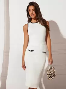 BizChic Contrast Trim Tank Knit Top & Decor Pocket Knit Skirt Workwear - White - View 1