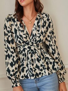 SHEIN Frenchy Surplice Neck Allover Print Peplum Top - Multicolor - View 5