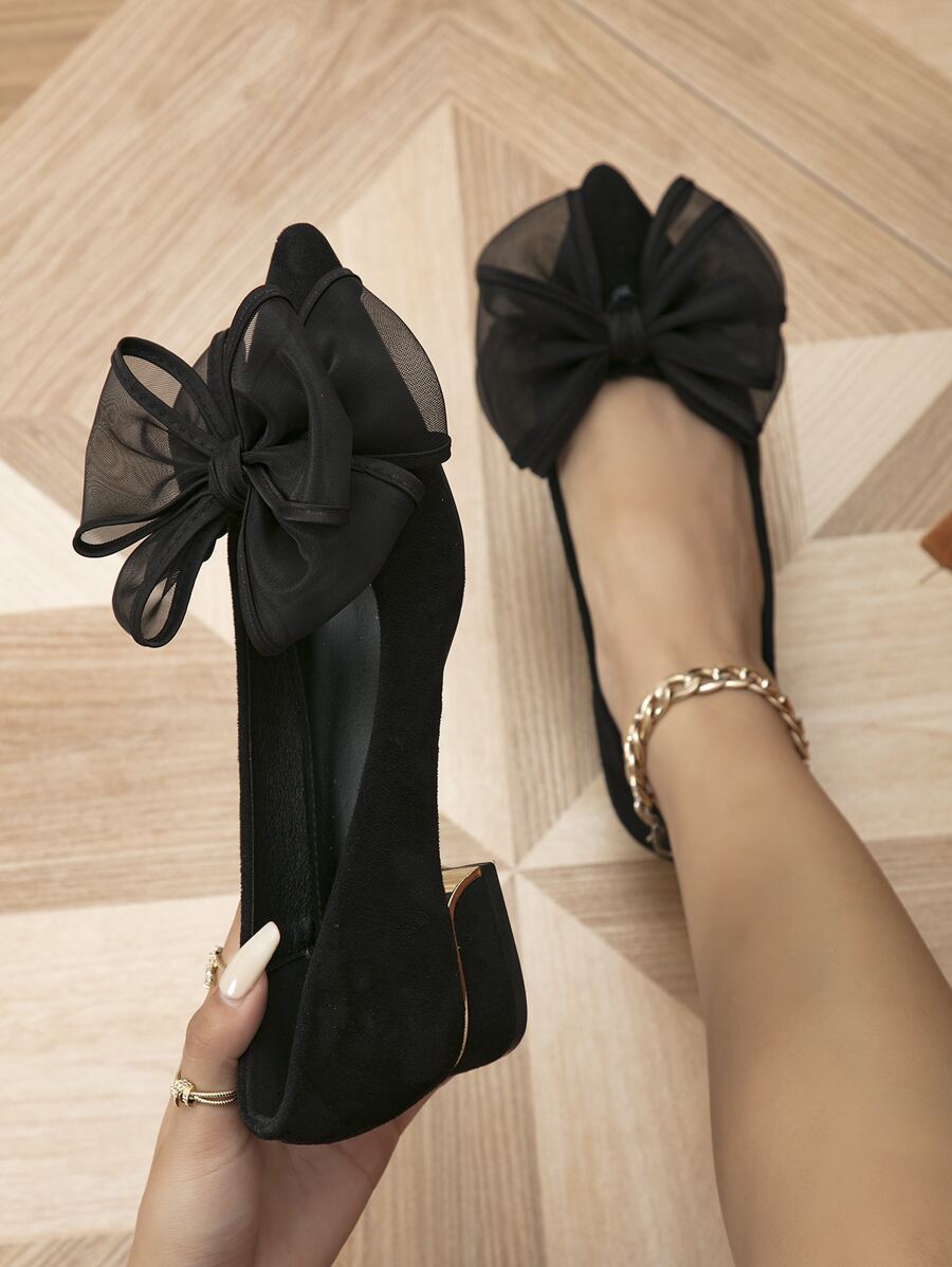 Fall/Winter Women's Black Faux Suedette Flats, Elegant Bow Decor Point Toe Flats Valentines