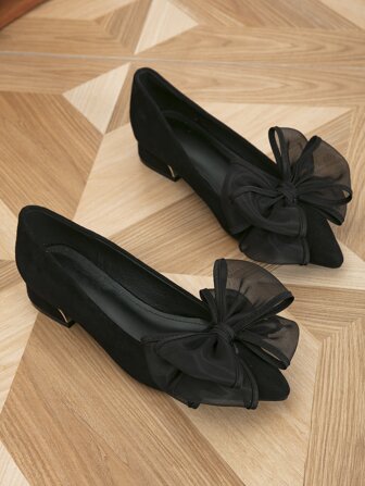 秋冬女士黑色仿麂皮平底鞋，优雅蝴蝶结装饰尖头平底鞋情人节款