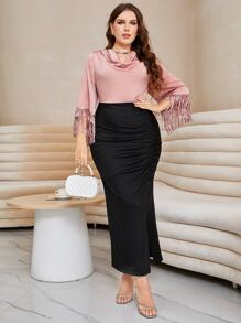 Modelyn Plus Draped Neck Fringe Trim Ruched Split Back Dress - Multicolor - View 1