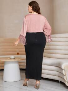 Modelyn Plus Draped Neck Fringe Trim Ruched Split Back Dress - Multicolor - View 2