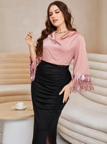 Modelyn Plus Draped Neck Fringe Trim Ruched Split Back Dress - Multicolor - View 3