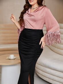 Modelyn Plus Draped Neck Fringe Trim Ruched Split Back Dress - Multicolor - View 5