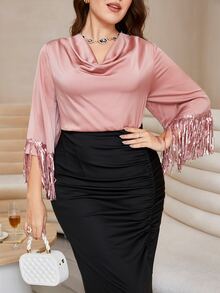 Modelyn Plus Draped Neck Fringe Trim Ruched Split Back Dress - Multicolor - View 6