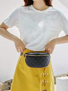 Quilted Wide Strap Casual Chest Bag PU Leather Lightweight Crossbody Bag Portable Versatile Waist Bag Stitch Detail Zipper Fanny Pack - Black - View 2