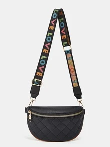 Quilted Wide Strap Casual Chest Bag PU Leather Lightweight Crossbody Bag Portable Versatile Waist Bag Stitch Detail Zipper Fanny Pack - Black - View 3