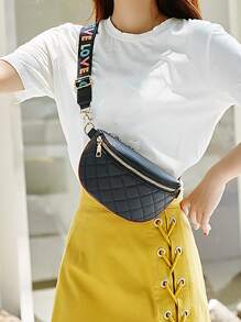 Quilted Wide Strap Casual Chest Bag PU Leather Lightweight Crossbody Bag Portable Versatile Waist Bag Stitch Detail Zipper Fanny Pack - Black - View 6