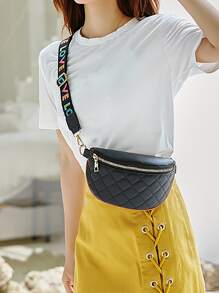 Quilted Wide Strap Casual Chest Bag PU Leather Lightweight Crossbody Bag Portable Versatile Waist Bag Stitch Detail Zipper Fanny Pack - Black - View 7