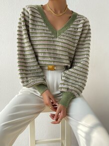 SHEIN Essnce Striped Pattern Pointelle Knit Lantern Sleeve Jumper - Multicolor - View 1