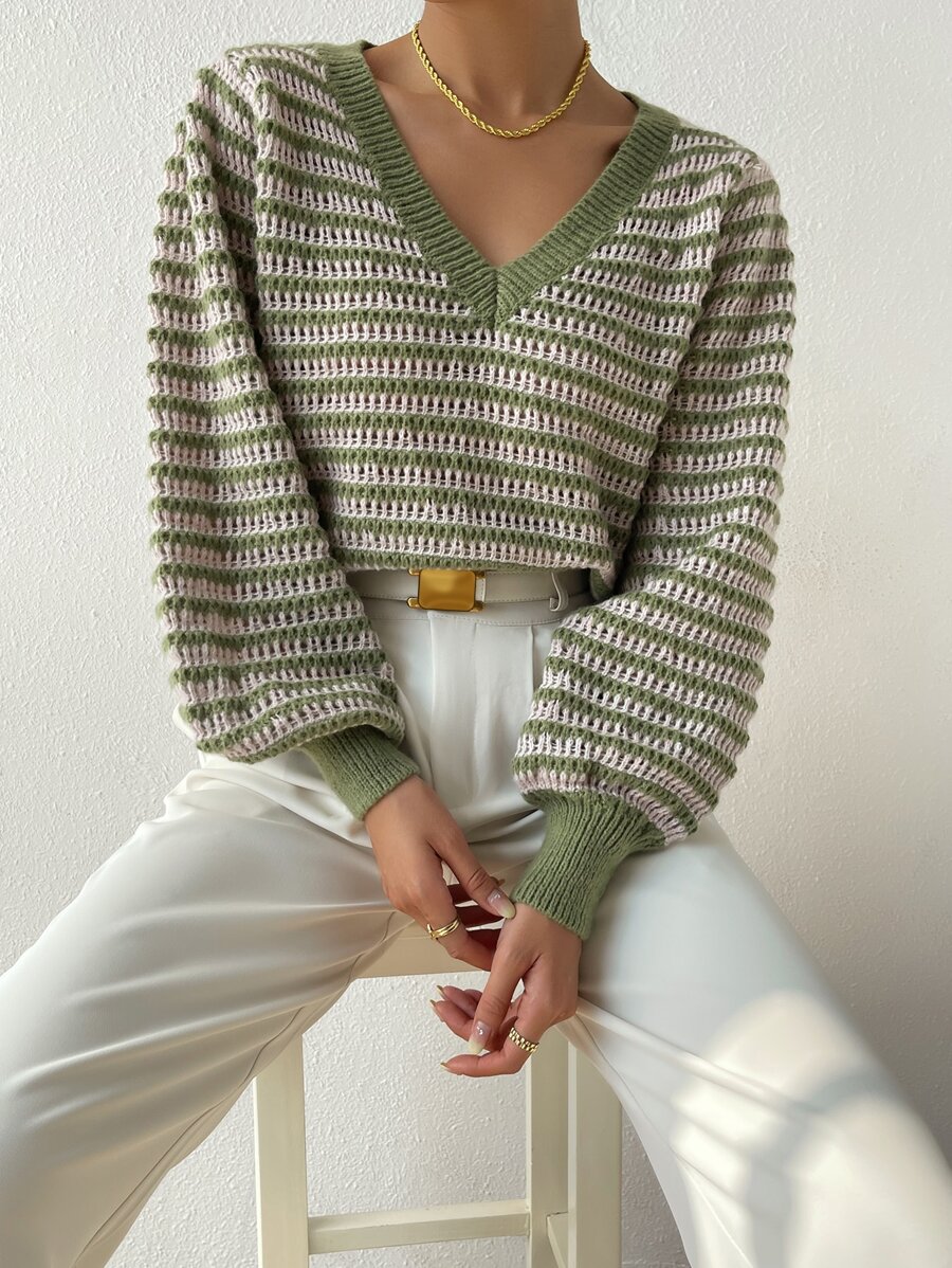 SHEIN Essnce Striped Pattern Pointelle Knit Lantern Sleeve Jumper - Multicolor - View 1