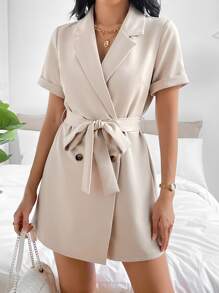 Lapel Collar Belted Shirt Romper - Apricot - View 1