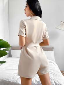 Lapel Collar Belted Shirt Romper - Apricot - View 2