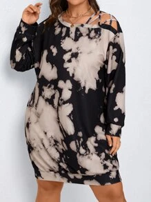 SHEIN LUNE Plus Tie Dye Asymmetrical Neck Sweatshirt Dress - Multicolor - View 1