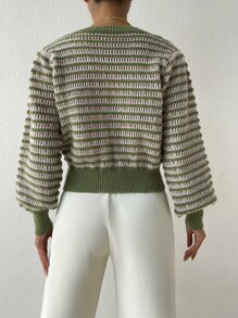 SHEIN Essnce Striped Pattern Pointelle Knit Lantern Sleeve Jumper - Multicolor - View 2