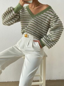 SHEIN Essnce Striped Pattern Pointelle Knit Lantern Sleeve Jumper - Multicolor - View 3