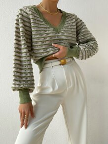 SHEIN Essnce Striped Pattern Pointelle Knit Lantern Sleeve Jumper - Multicolor - View 4