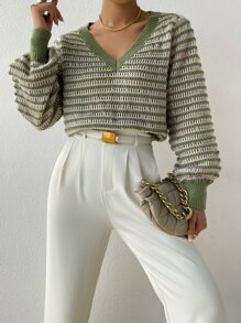 SHEIN Essnce Striped Pattern Pointelle Knit Lantern Sleeve Jumper - Multicolor - View 5