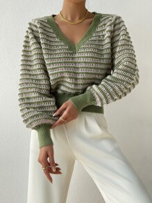 SHEIN Essnce Striped Pattern Pointelle Knit Lantern Sleeve Jumper - Multicolor - View 6