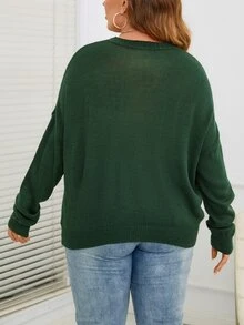 SHEIN Unity Áo len Plus Size màu trơn Giải trí - Màu xanh lá cây đậm - Xem 2