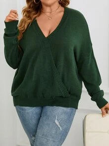 SHEIN Unity Áo len Plus Size màu trơn Giải trí - Màu xanh lá cây đậm - Xem 3