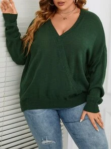 SHEIN Unity Áo len Plus Size màu trơn Giải trí - Màu xanh lá cây đậm - Xem 5