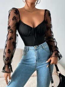 Firerie Contrast Floral Print Mesh Flounce Sleeve Ruched Bust Tie Backless Bodysuit - Black - View 1