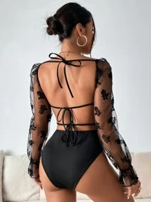 Firerie Contrast Floral Print Mesh Flounce Sleeve Ruched Bust Tie Backless Bodysuit - Black - View 2