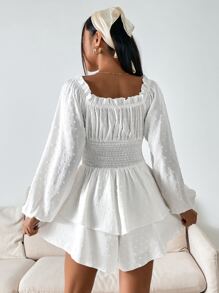 SHEIN VCAY 圓點燈籠袖打褶雙層下擺雪紡連身短褲 - 白色 - 查看 2