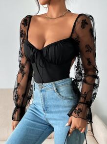 Firerie Contrast Floral Print Mesh Flounce Sleeve Ruched Bust Tie Backless Bodysuit - Black - View 3